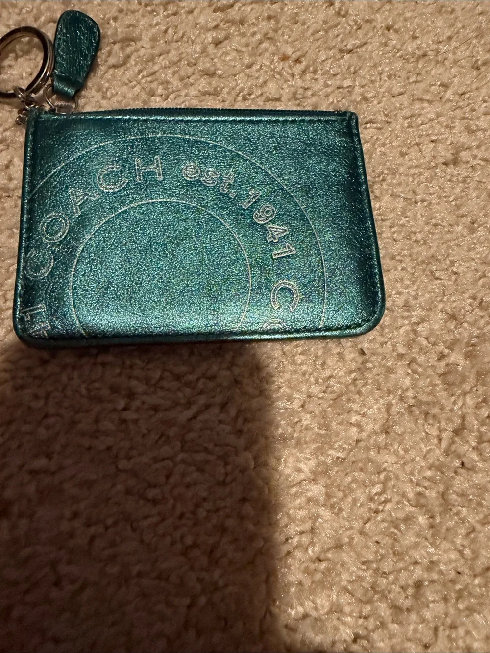 Coach Metallic Teal Zip Card Case Key Ring